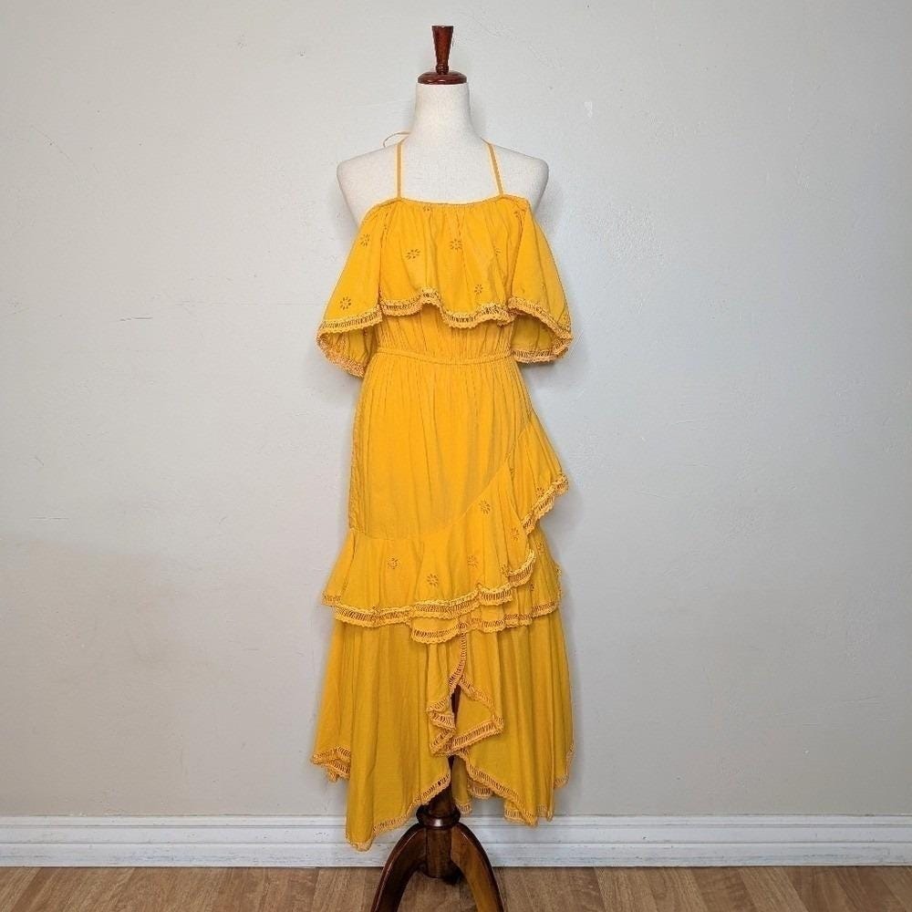 MISA Los Angeles Bethina Marigold Eyelet Cascade Off Shoulder Maxi Dress Size XS